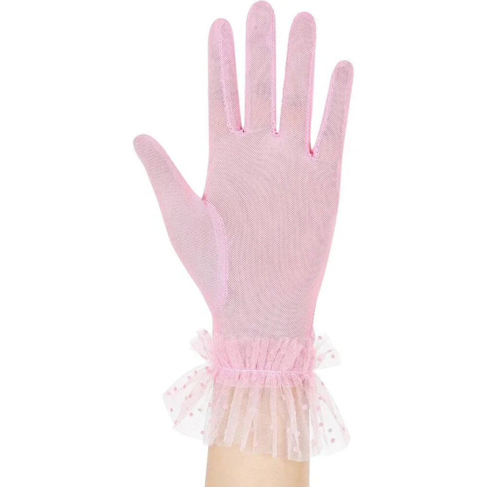 Women's Short Lace Dark Pink Sheer Mesh Tea Party Prom Gloves Banquet Costume